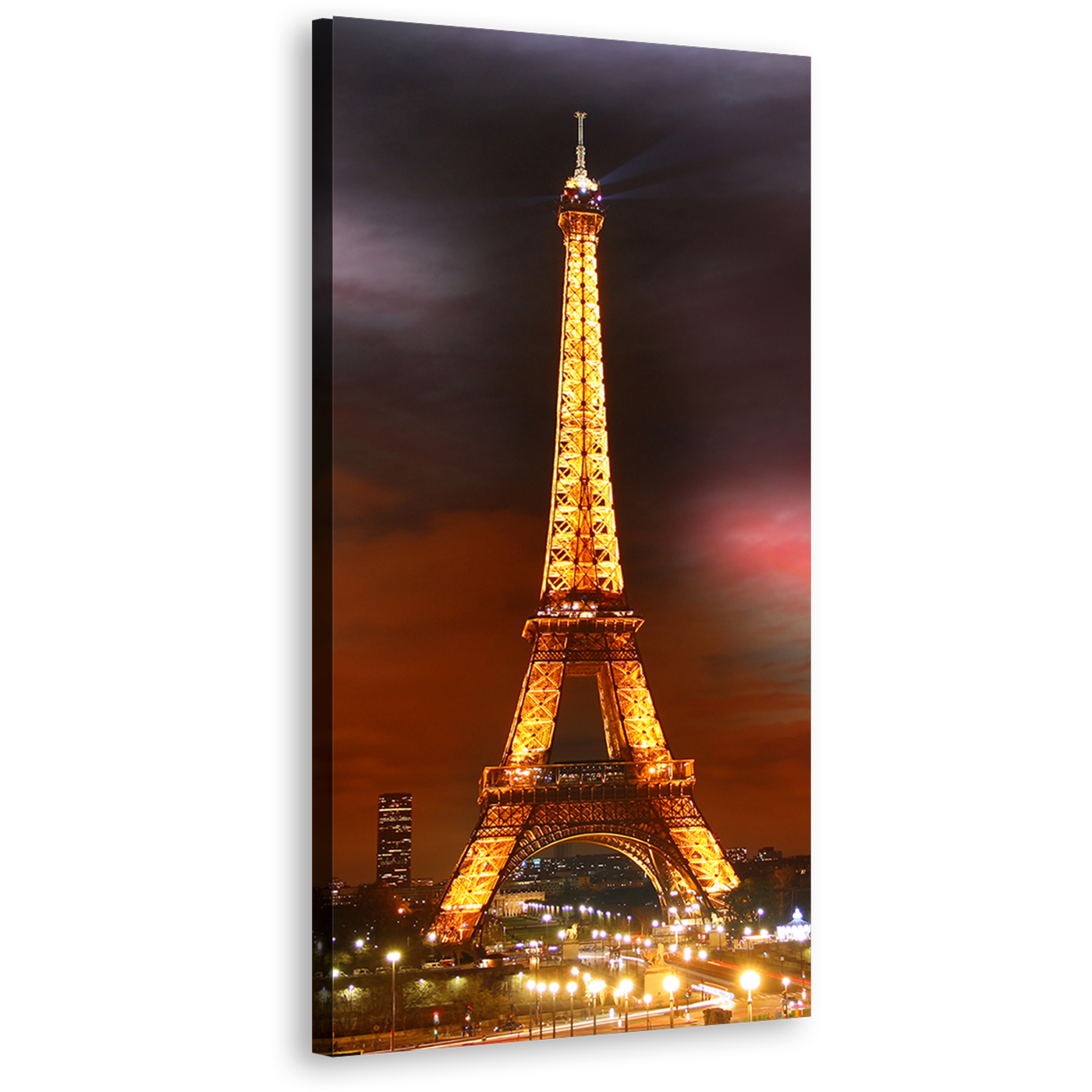 Eiffel Tower Canvas Print, Paris Red Sky City Night Vertical Canvas Artwork, Yellow Tower Lights Cityscape Canvas Wall Art