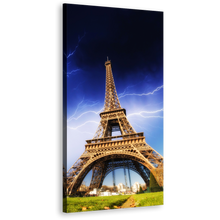 Load image into Gallery viewer, Eiffel Tower Canvas Print, Yellow Paris France Skyline 1 Piece Vertical Canvas Art, Amazing Blue Thunder Storm Wall Art
