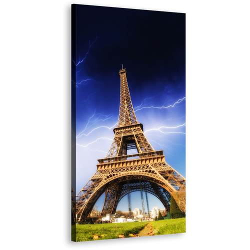 Eiffel Tower Canvas Print, Yellow Paris France Skyline 1 Piece Vertical Canvas Art, Amazing Blue Thunder Storm Wall Art