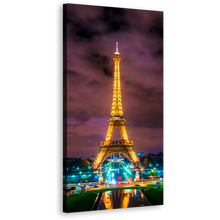 Load image into Gallery viewer, Eiffel Tower Canvas Wall Art, Dramatic Cloudy Sky Cityscape 1 Piece Vertical Canvas, Paris Green Blue City Lights Canvas Print
