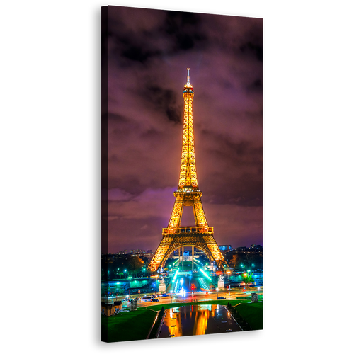 Eiffel Tower Canvas Wall Art, Dramatic Cloudy Sky Cityscape 1 Piece Vertical Canvas, Paris Green Blue City Lights Canvas Print