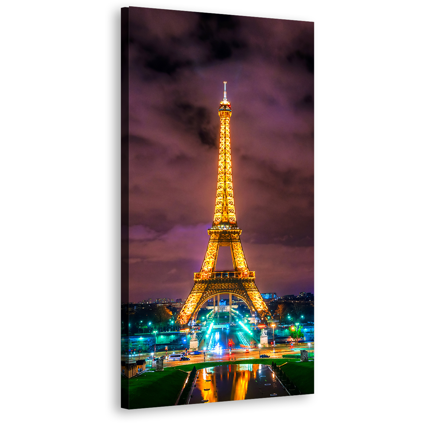 Eiffel Tower Canvas Wall Art, Dramatic Cloudy Sky Cityscape 1 Piece Vertical Canvas, Paris Green Blue City Lights Canvas Print