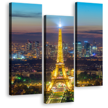 Load image into Gallery viewer, Eiffel Tower Wall Art, Blue France City Skyline 3 Piece Multi Canvas, Gold World Wonder Paris Canvas Print
