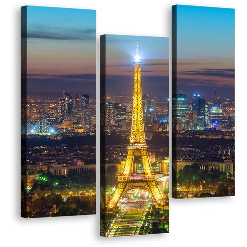 Eiffel Tower Wall Art, Blue France City Skyline 3 Piece Multi Canvas, Gold World Wonder Paris Canvas Print