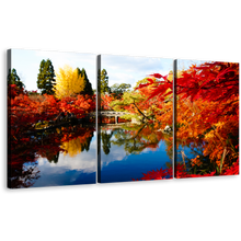 Load image into Gallery viewer, Eikando Japan Canvas Wall Art, Red Fall Foliage Hojo Pond Triptych Canvas Print, Beautiful Blossom Kyoto Temple Canvas , Autumn Illumination Blue Sky 3 Piece Canvas Set
