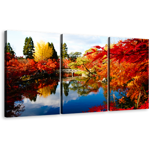 Eikando Japan Canvas Wall Art, Red Fall Foliage Hojo Pond Triptych Canvas Print, Beautiful Blossom Kyoto Temple Canvas , Autumn Illumination Blue Sky 3 Piece Canvas Set