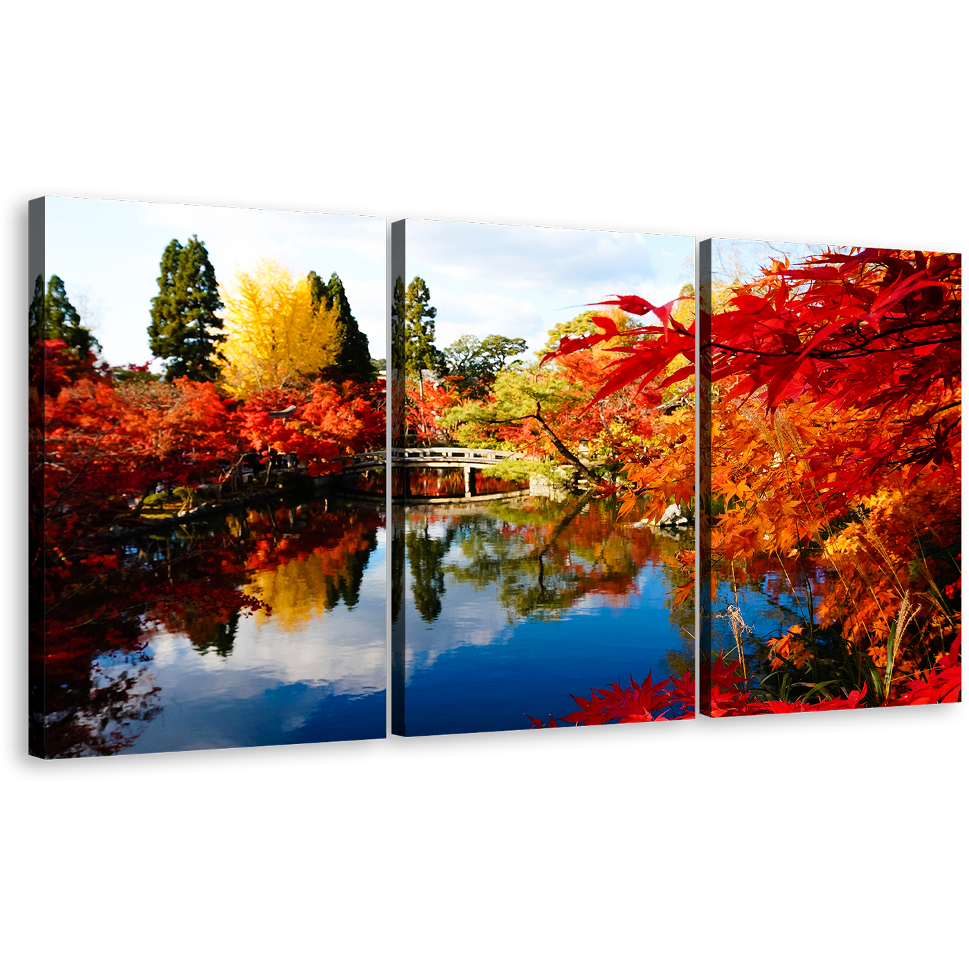 Eikando Japan Canvas Wall Art, Red Fall Foliage Hojo Pond Triptych Canvas Print, Beautiful Blossom Kyoto Temple Canvas , Autumn Illumination Blue Sky 3 Piece Canvas Set