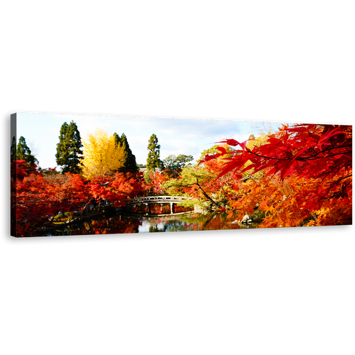 Eikando Temple Canvas Wall Art, Red Fall Foliage Hojo Pond Panoramic Canvas, Beautiful Blossom Kyoto Japan Canvas Print, Autumn Illumination Blue Sky Canvas Artwork