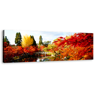 Eikando Temple Canvas Wall Art, Red Fall Foliage Hojo Pond Panoramic Canvas, Beautiful Blossom Kyoto Japan Canvas Print, Autumn Illumination Blue Sky Canvas Artwork