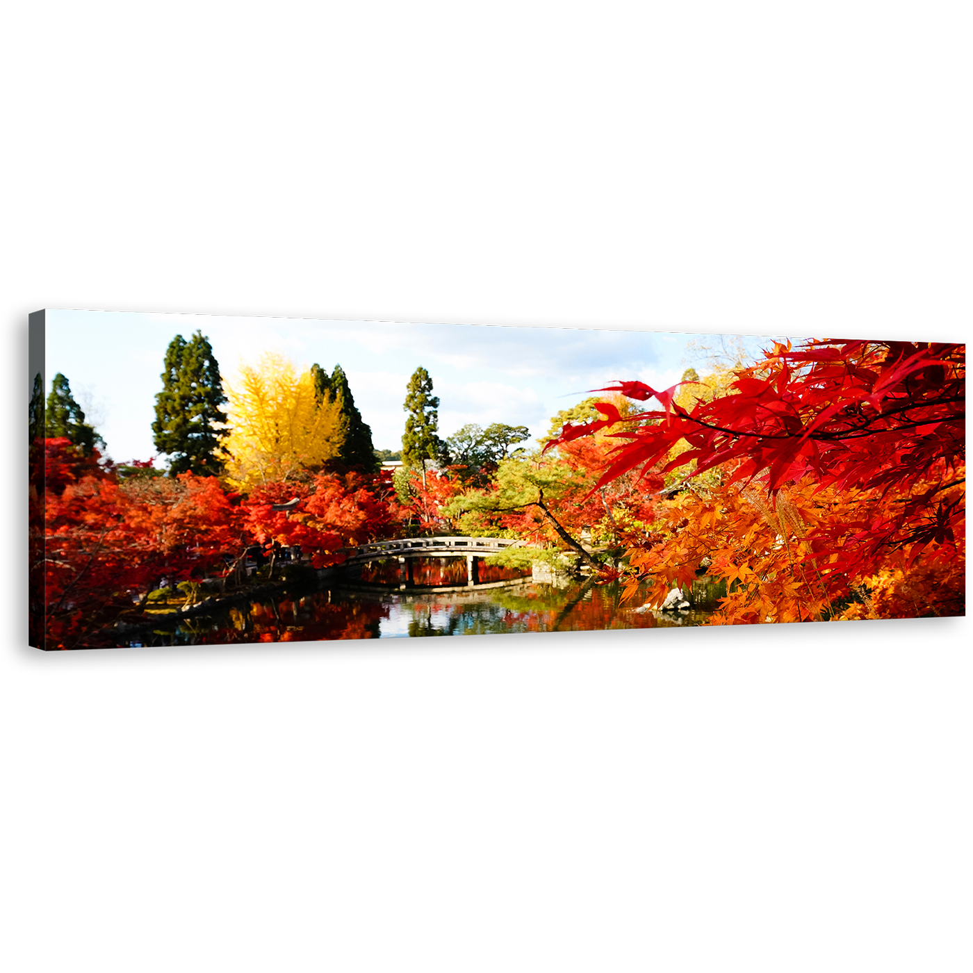 Eikando Temple Canvas Wall Art, Red Fall Foliage Hojo Pond Panoramic Canvas, Beautiful Blossom Kyoto Japan Canvas Print, Autumn Illumination Blue Sky Canvas Artwork