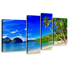 Load image into Gallery viewer, El Nido Canvas Wall Art, Palawan Blue Sky Ocean Beach Canvas Print, Tropical Island 4 Piece Canvas Set, Green Palm Trees Beach Multi Canvas
