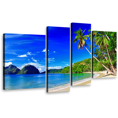 El Nido Canvas Wall Art, Palawan Blue Sky Ocean Beach Canvas Print, Tropical Island 4 Piece Canvas Set, Green Palm Trees Beach Multi Canvas