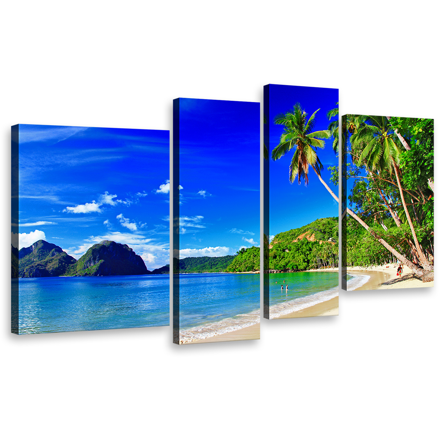 El Nido Canvas Wall Art, Palawan Blue Sky Ocean Beach Canvas Print, Tropical Island 4 Piece Canvas Set, Green Palm Trees Beach Multi Canvas