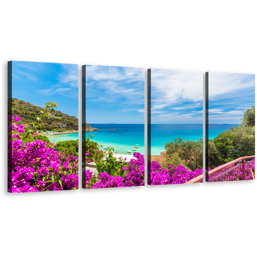 Elba Island Canvas Wall Art, Italy Green Ocean Beach Multiple Canvas, Tuscany Blue Sky Ocean 4 Piece Canvas Print