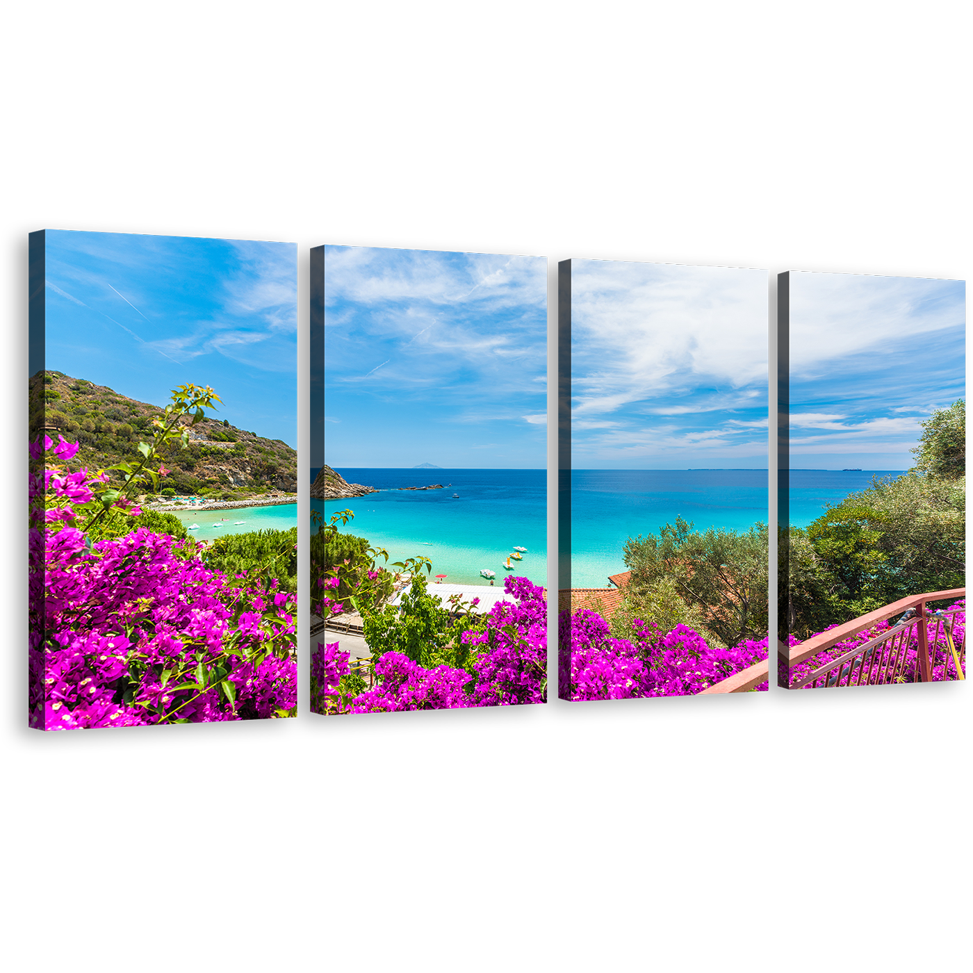 Elba Island Canvas Wall Art, Italy Green Ocean Beach Multiple Canvas, Tuscany Blue Sky Ocean 4 Piece Canvas Print