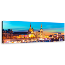 Load image into Gallery viewer, Elbe River Wall Art, Blue Sky Dresden Harbor Embankment Panoramic Canvas Art, Gold Dawn Saxony Skyline Canvas Print
