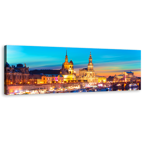 Elbe River Wall Art, Blue Sky Dresden Harbor Embankment Panoramic Canvas Art, Gold Dawn Saxony Skyline Canvas Print