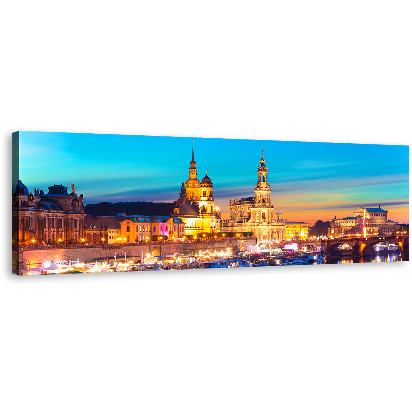 Elbe River Wall Art, Blue Sky Dresden Harbor Embankment Panoramic Canvas Art, Gold Dawn Saxony Skyline Canvas Print