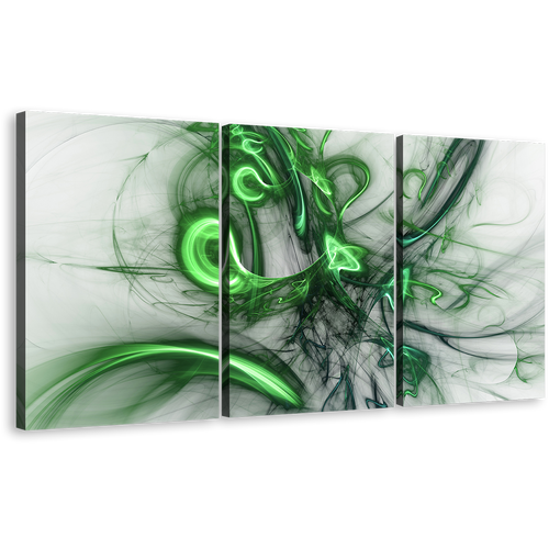 Electric Fractals Canvas Wall Art, White Abstract Design Multi Canvas, Green Bright Abstract Patterns 3 Piece Canvas Print