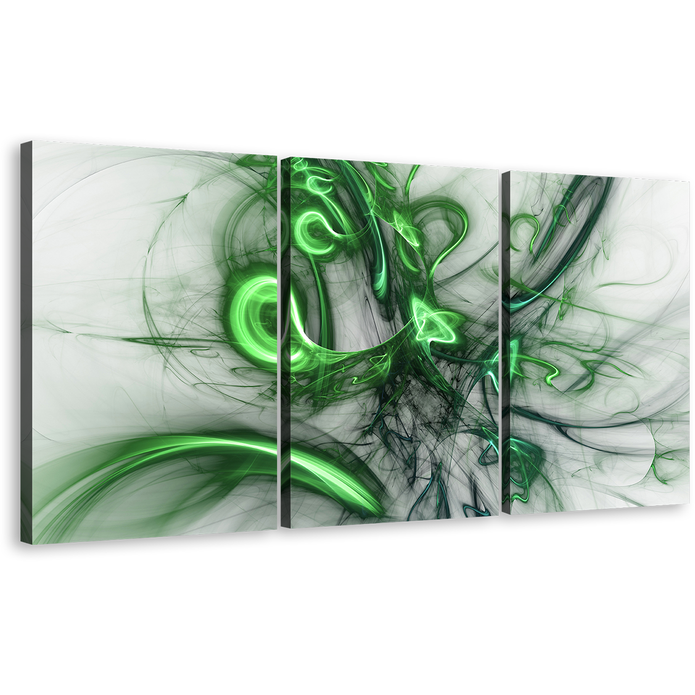 Electric Fractals Canvas Wall Art, White Abstract Design Multi Canvas, Green Bright Abstract Patterns 3 Piece Canvas Print