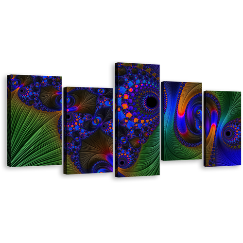 Elegant Abstract Canvas Print, Blue Abstract Fractal 5 Piece Canvas Wall Art, Green Deep Vibrant Abstract Multi Canvas