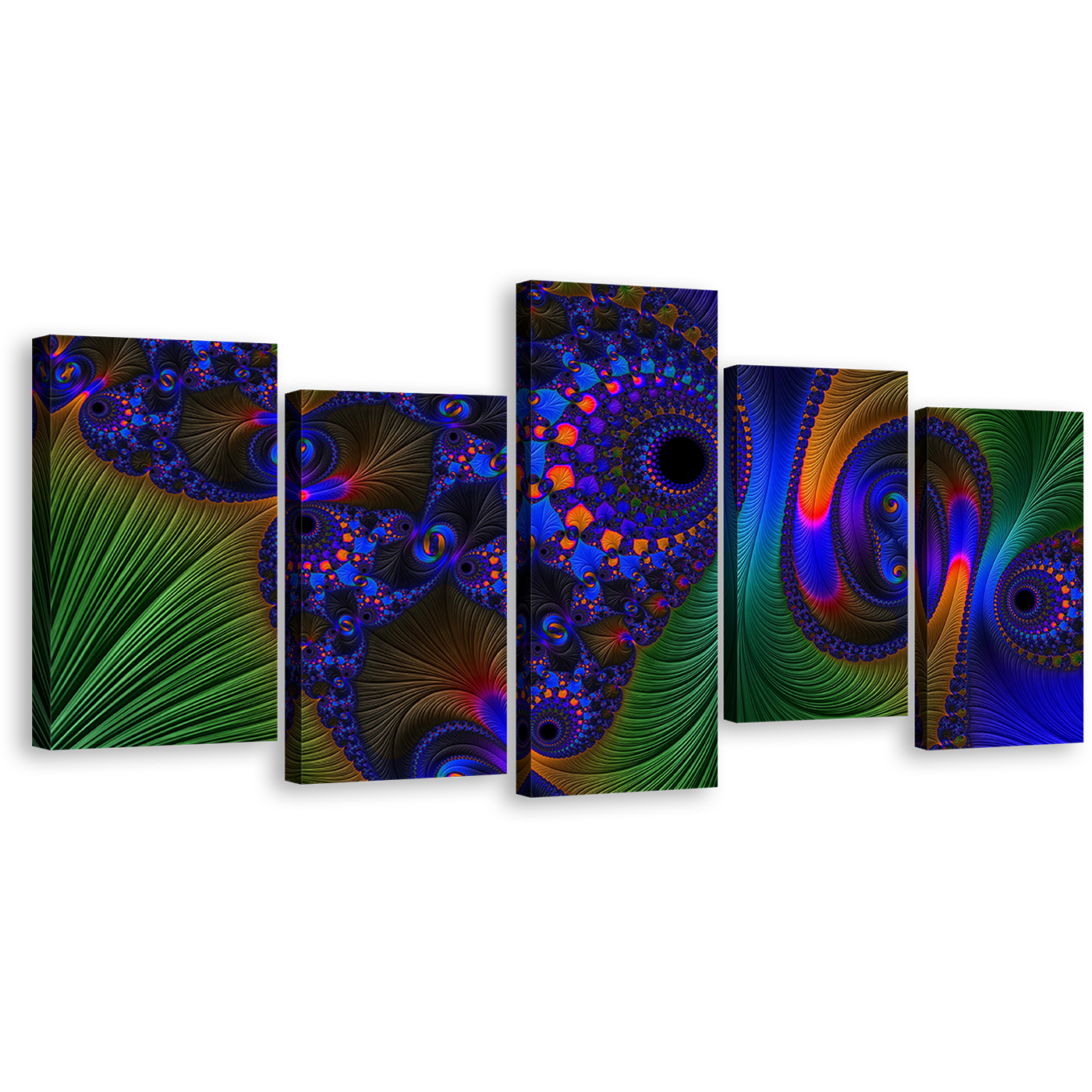 Elegant Abstract Canvas Print, Blue Abstract Fractal 5 Piece Canvas Wall Art, Green Deep Vibrant Abstract Multi Canvas