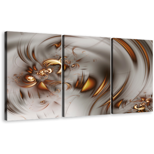 Elegant Abstract Canvas Print, Brown Abstract Graphic Fractal Illustration 3 Piece Canvas Wall Art, Grey Abstract Fractal Multi Canvas Artwork