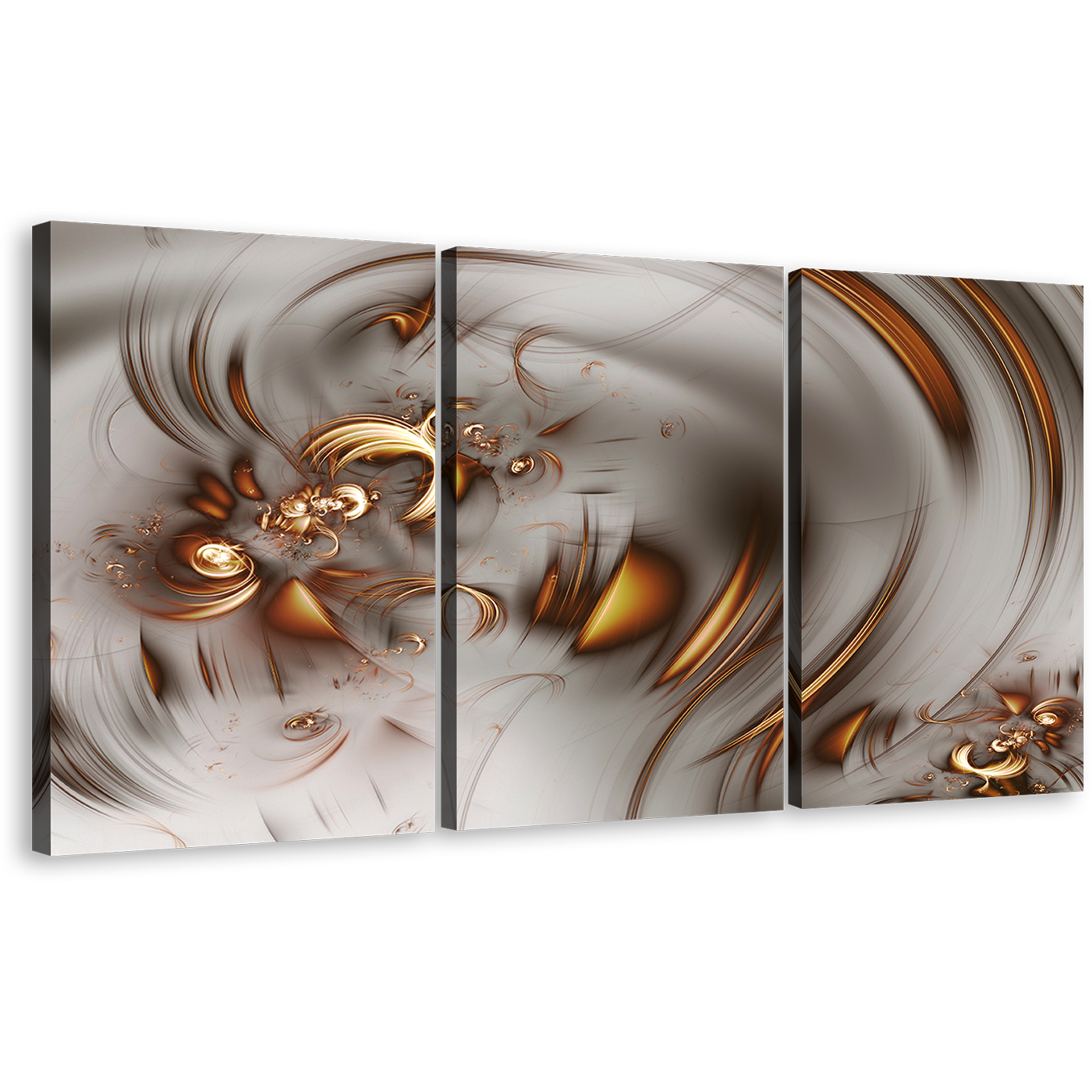 Elegant Abstract Canvas Print, Brown Abstract Graphic Fractal Illustration 3 Piece Canvas Wall Art, Grey Abstract Fractal Multi Canvas Artwork