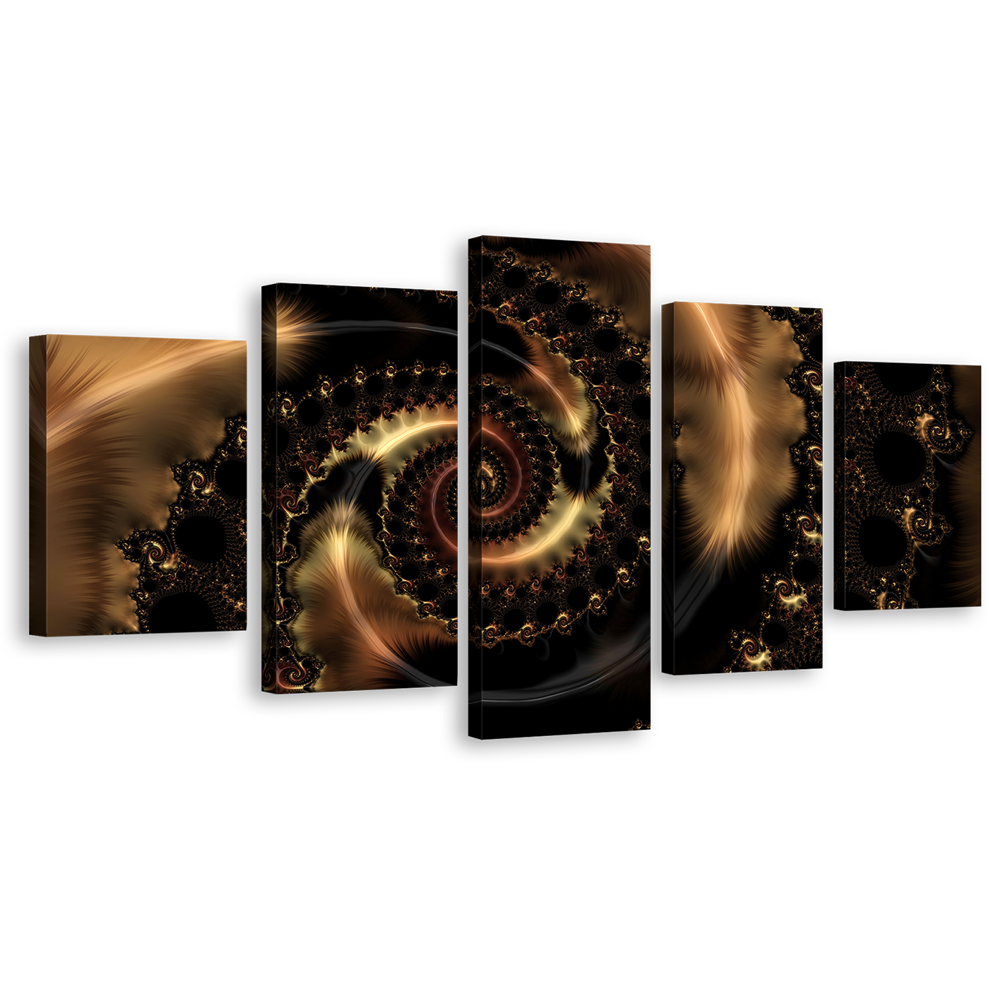 Elegant Abstract Canvas Wall Art, Black Brown Abstract Fractal Multiple Canvas, Abstract Infinity Swirl 5 Piece Canvas Print