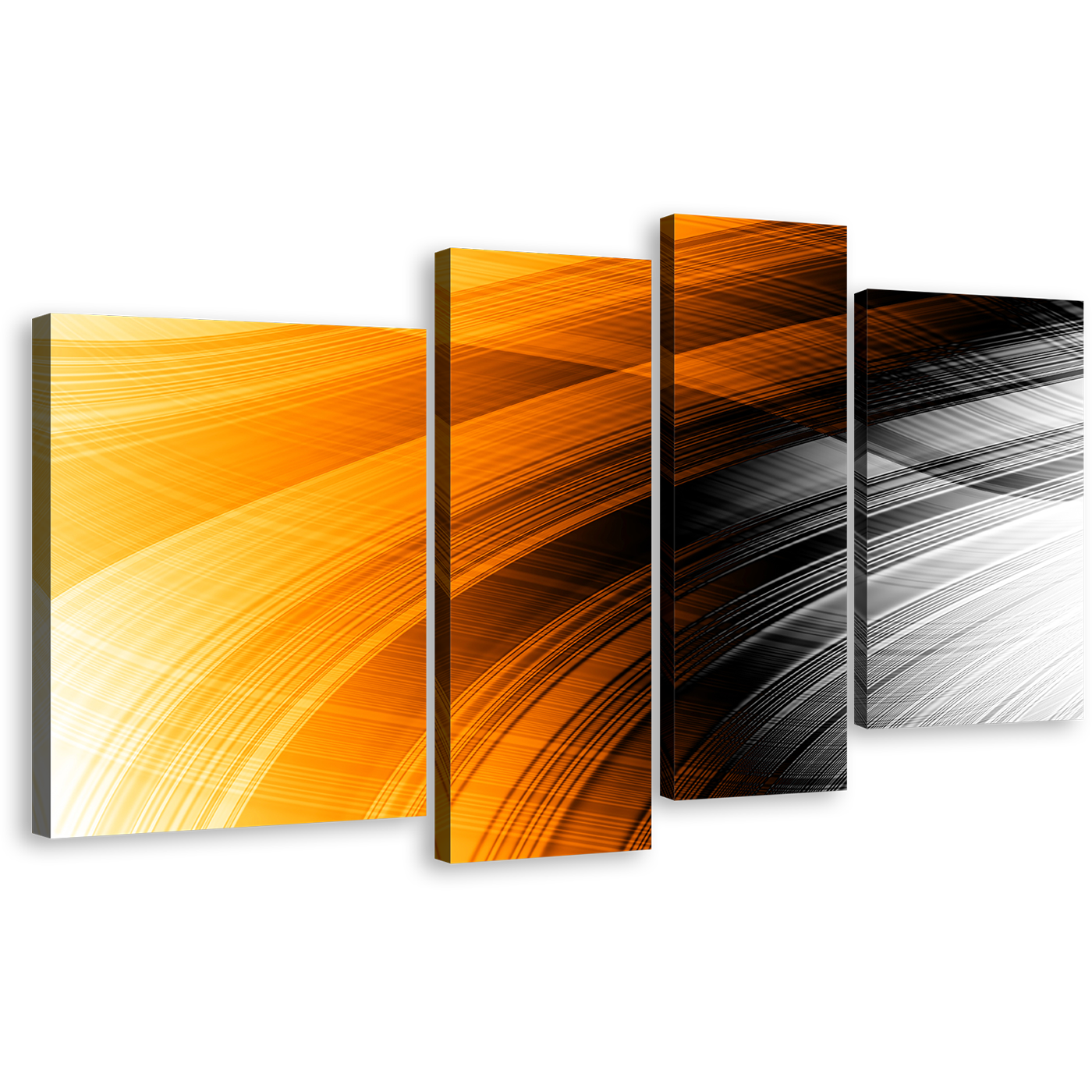 Elegant Abstract Canvas Wall Art, Black Fancy Abstract 4 Piece Canvas Set, Orange Abstract Stripe Pattern Canvas Print