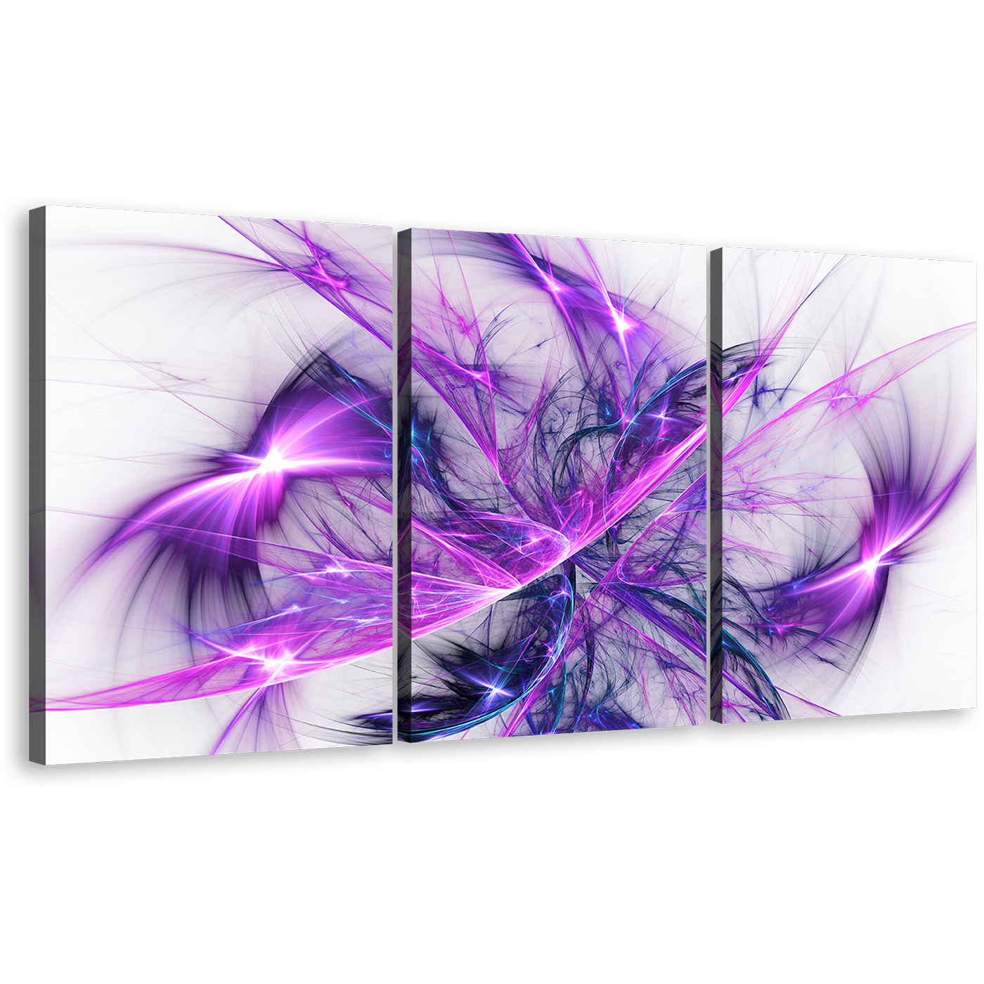 Elegant Abstract Canvas Wall Art, Blue Purple Bright Abstract 3 Piece Canvas Print, 3D Modern Abstract Fractal Triptych Multi Canvas