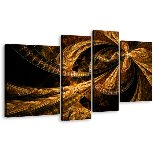 Elegant Abstract Canvas Wall Art, Brown Abstract Fractal 4 Piece Canvas, Modern Abstract Patterns Canvas Set, Black Abstract Artwork Print