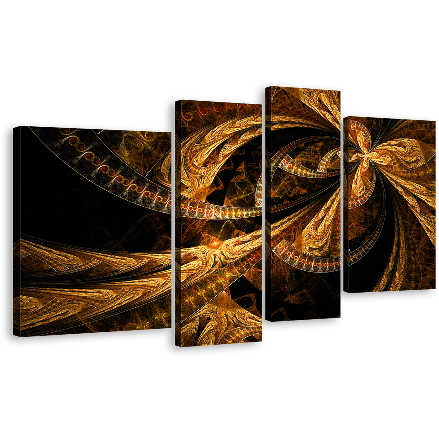 Elegant Abstract Canvas Wall Art, Brown Abstract Fractal 4 Piece Canvas, Modern Abstract Patterns Canvas Set, Black Abstract Artwork Print