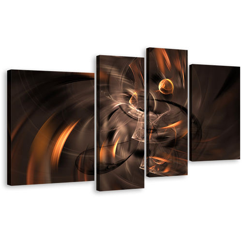 Elegant Abstract Canvas Wall Art, Brown Beautiful 3D Abstract  Fractal Canvas Set, Orange Black Artistic Abstract 4 Piece Canvas, Abstract Art Print