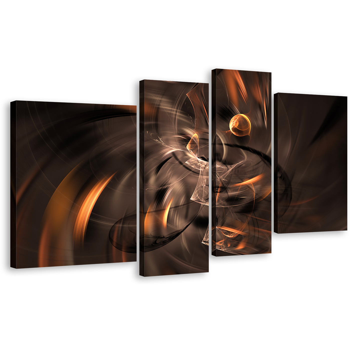 Elegant Abstract Canvas Wall Art, Brown Beautiful 3D Abstract  Fractal Canvas Set, Orange Black Artistic Abstract 4 Piece Canvas, Abstract Art Print