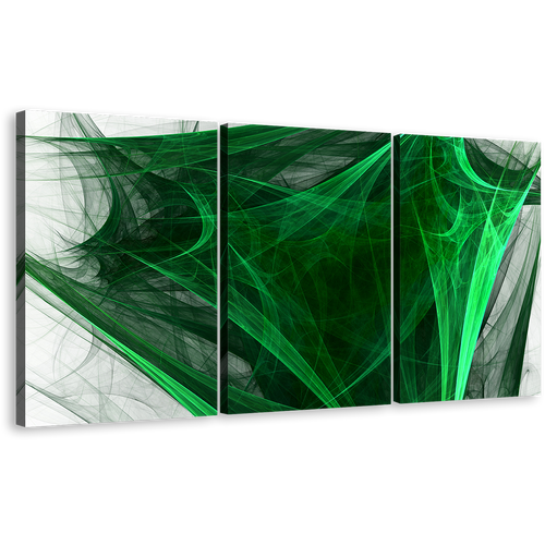 Elegant Abstract Canvas Wall Art, Green Bright Abstract Fractal 3 Piece Canvas Print, Black Abstract Digital Artwork Canvas Set