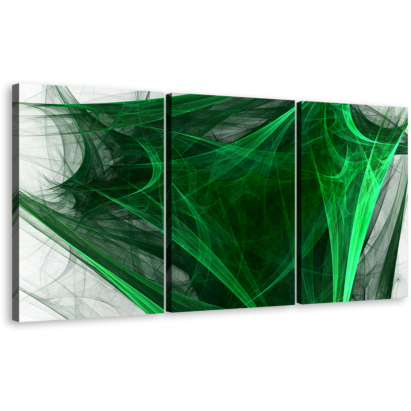 Elegant Abstract Canvas Wall Art, Green Bright Abstract Fractal 3 Piece Canvas Print, Black Abstract Digital Artwork Canvas Set