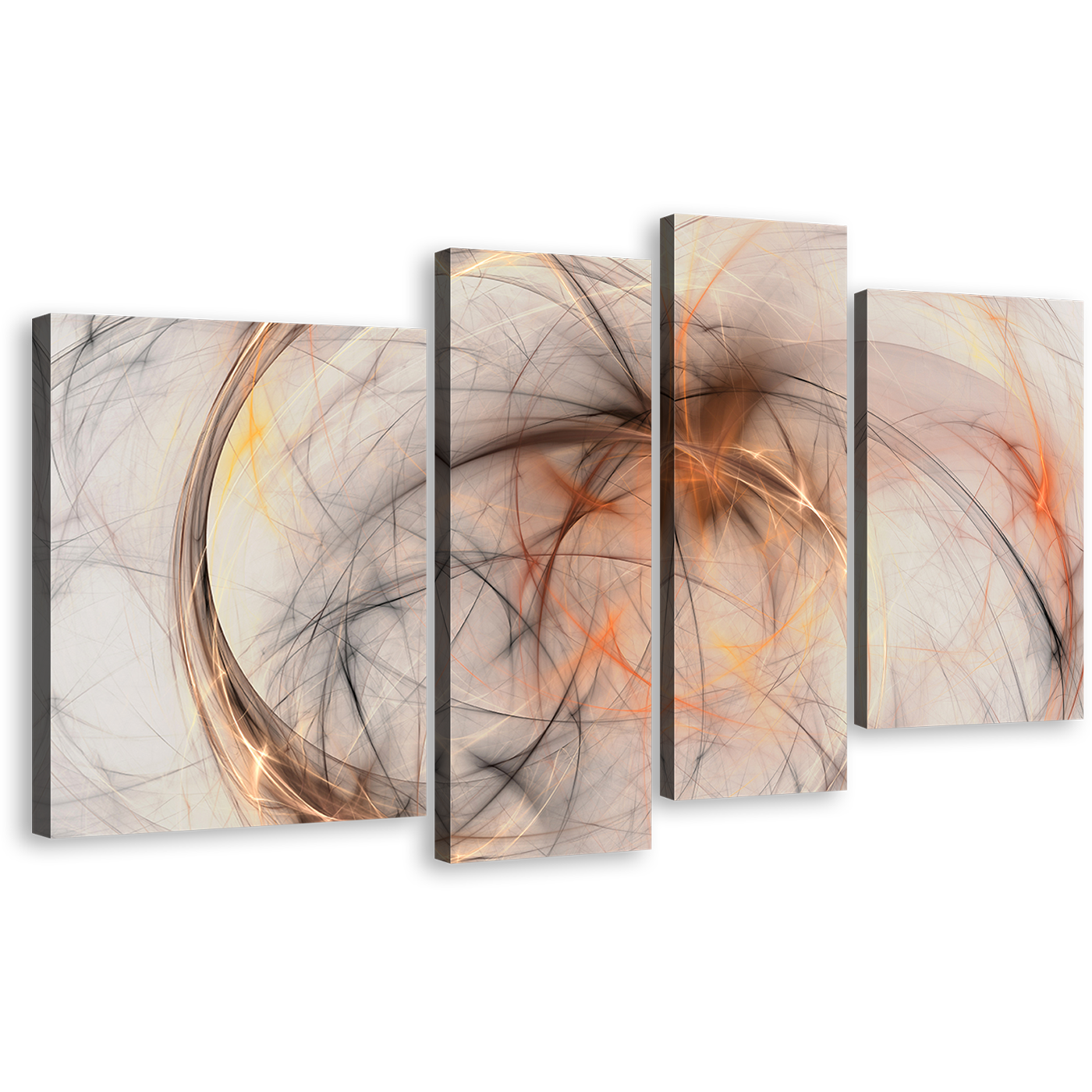 Elegant Abstract Canvas Wall Art, White Abstract Fractal 4 Piece Canvas Print, Contemporary Orange Modern Abstract Multiple Canvas