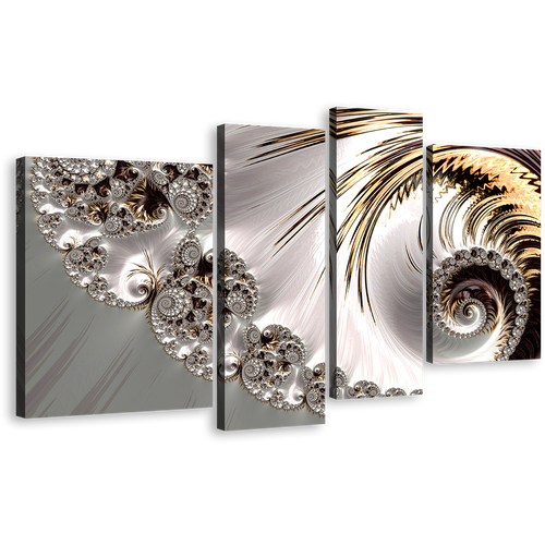 Elegant Abstract Canvas Wall Art, White Digital Abstract Art Canvas Set, Infinity Fractal Abstract Canvas Print, Grey Abstract Swirl 4 Piece Canvas