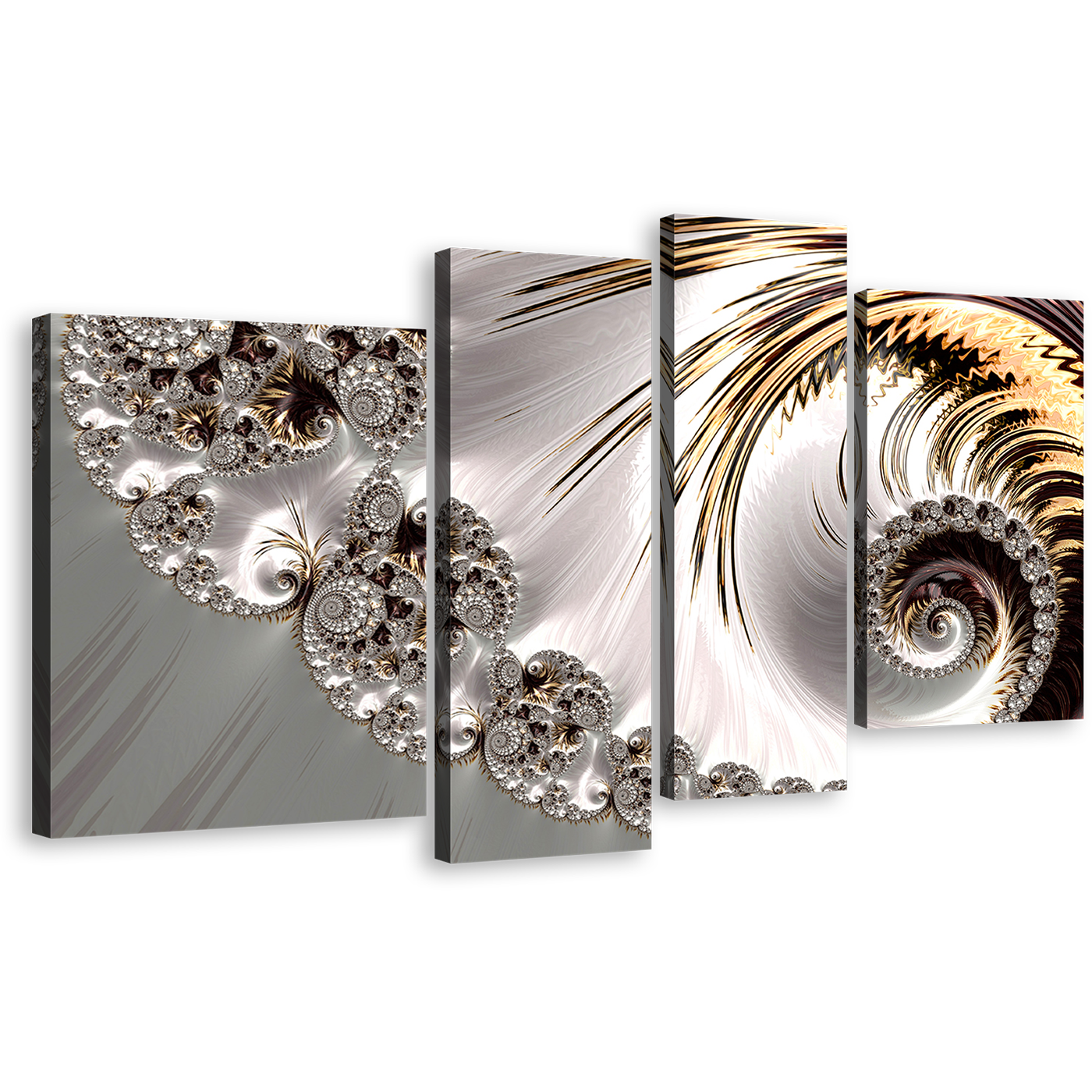 Elegant Abstract Canvas Wall Art, White Digital Abstract Art Canvas Set, Infinity Fractal Abstract Canvas Print, Grey Abstract Swirl 4 Piece Canvas