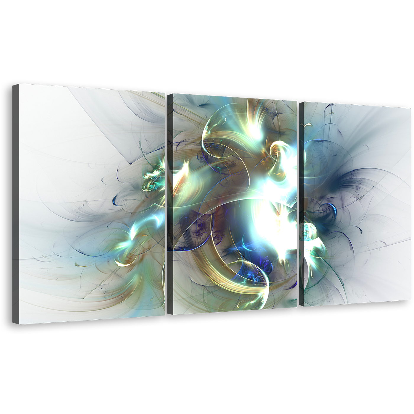 Elegant Abstract Canvas Wall Art, White Green Abstract Fractal Glow 3 Piece Canvas Print, Modern Abstract Triptych Multi Canvas Artwork