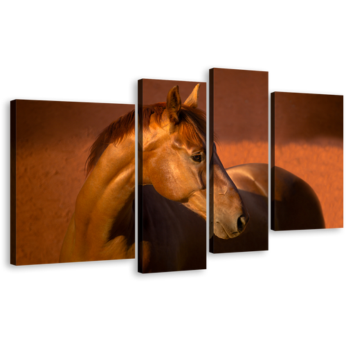 Elegant Horse Canvas Print, Horse in Orange Field Canvas Set, Brown Stallion Horse 4 Piece Canvas Wall Art