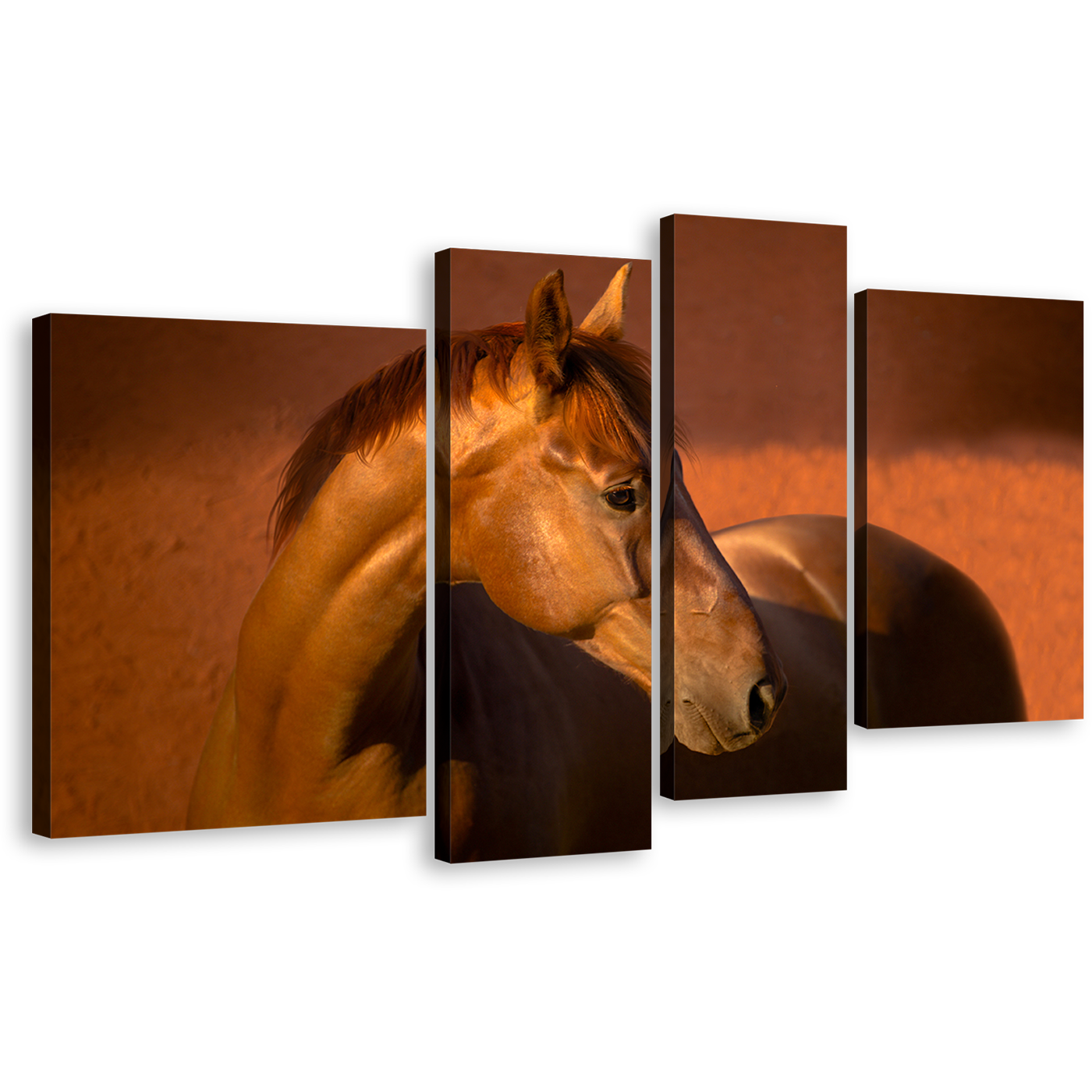 Elegant Horse Canvas Print, Horse in Orange Field Canvas Set, Brown Stallion Horse 4 Piece Canvas Wall Art