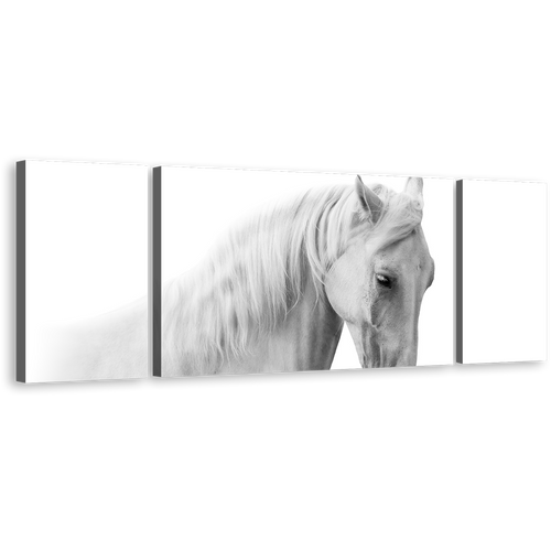 Elegant Horse Canvas Print, White Grey Horse Portrait 3 Piece Multi Canvas, Horse Close Up Canvas Wall Art