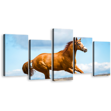 Load image into Gallery viewer, Elegant Horse Canvas Wall Art, Blue Sky Chestnut Horse Side 5 Piece Canvas Print, Brown Horse Gallop Multi Canvas Artwork
