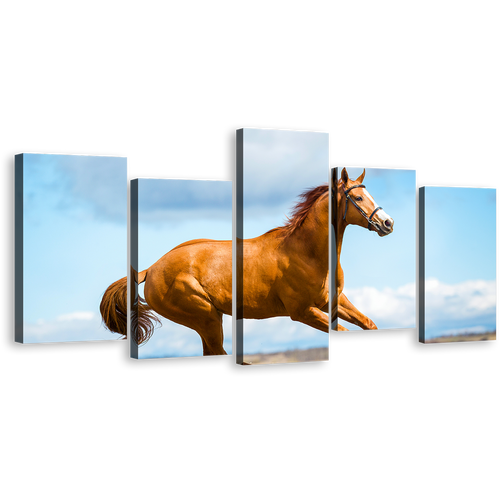 Elegant Horse Canvas Wall Art, Blue Sky Chestnut Horse Side 5 Piece Canvas Print, Brown Horse Gallop Multi Canvas Artwork