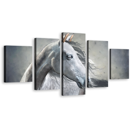 Elegant Horse Canvas Wall Art, Horse Portrait 5 Piece Canvas Print, White Grey Horse Close Up Multiple Canvas