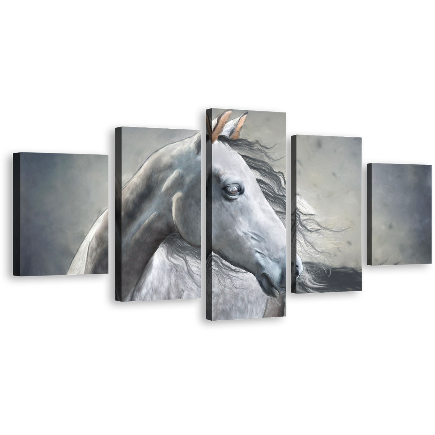 Elegant Horse Canvas Wall Art, Horse Portrait 5 Piece Canvas Print, White Grey Horse Close Up Multiple Canvas