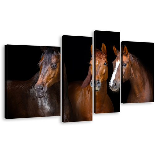 Elegant Horses Canvas Print, Elegant Group Horses 4 Piece Canvas, Isolated Horses Black Background Canvas Set, Brown Horses Portrait Canvas Wall Art