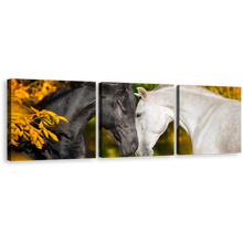 Load image into Gallery viewer, Elegant Horses Canvas Wall Art, Black and White Romantic Horses 3 Piece Canvas Set, 2 Horses in Orange Autumn Canvas Print
